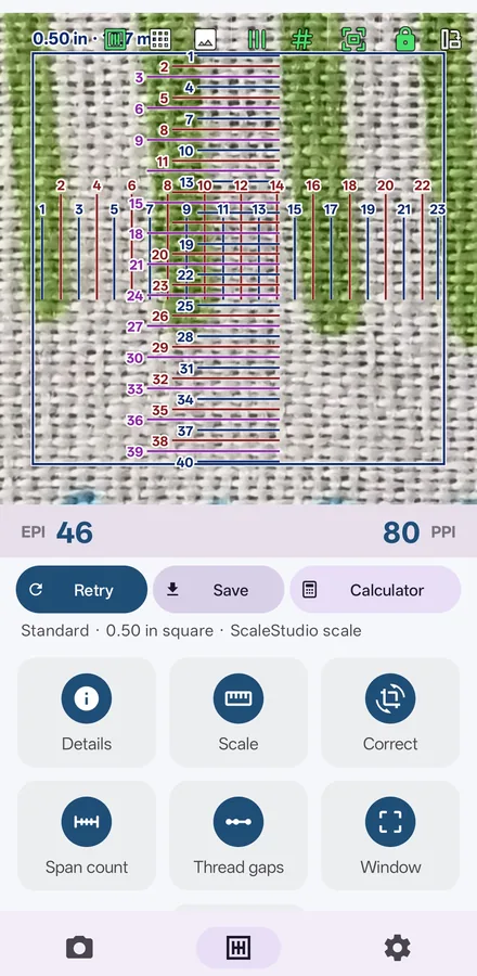 WeaveMetric Studio showing a counted woven fabric: every warp and weft thread numbered on the photo, with 46 EPI and 80 PPI