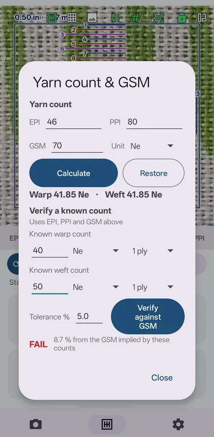 The yarn count and GSM calculator in WeaveMetric Studio: 41.85 Ne for warp and weft from 46 EPI, 80 PPI and 70 GSM, with known counts checked against the GSM